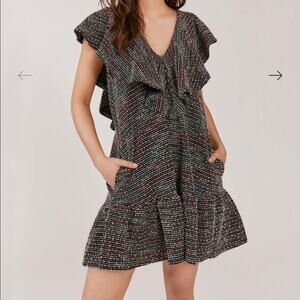 Something Navy Tweed Multicolor Ruffles V Neck Dress Size XL NWT